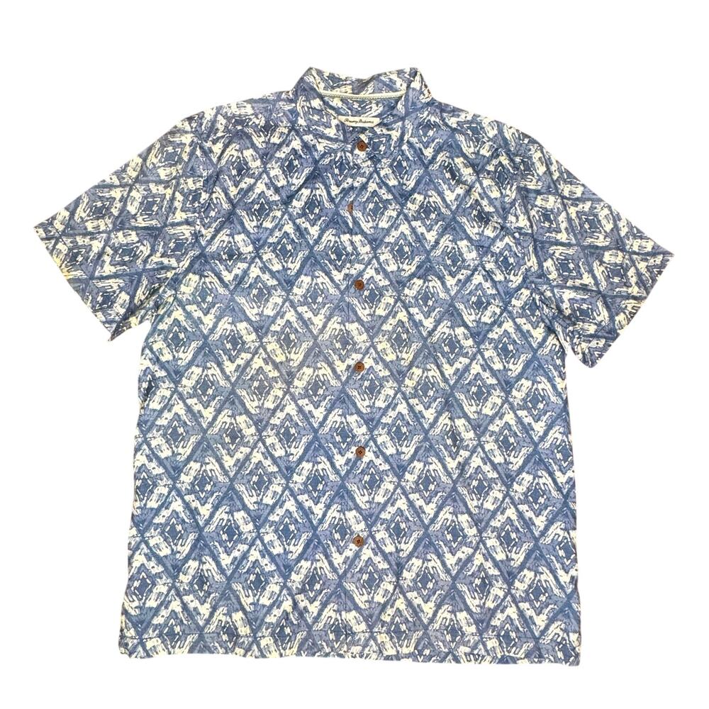 Tommy Bahama Shirt Mens XL Blue White Hawaiian Camp Aloha Silk Blend Button Up